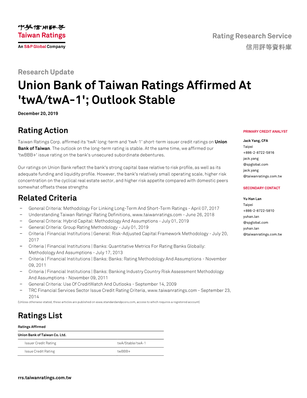 Union Bank of Taiwan Ratings Affirmed at 'Twa/Twa-1'; Outlook Stable