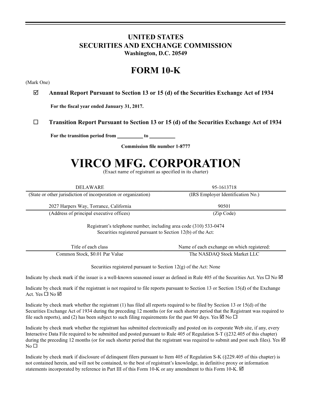 VIRCO MFG. CORPORATION (Exact Name of Registrant As Specified in Its Charter)