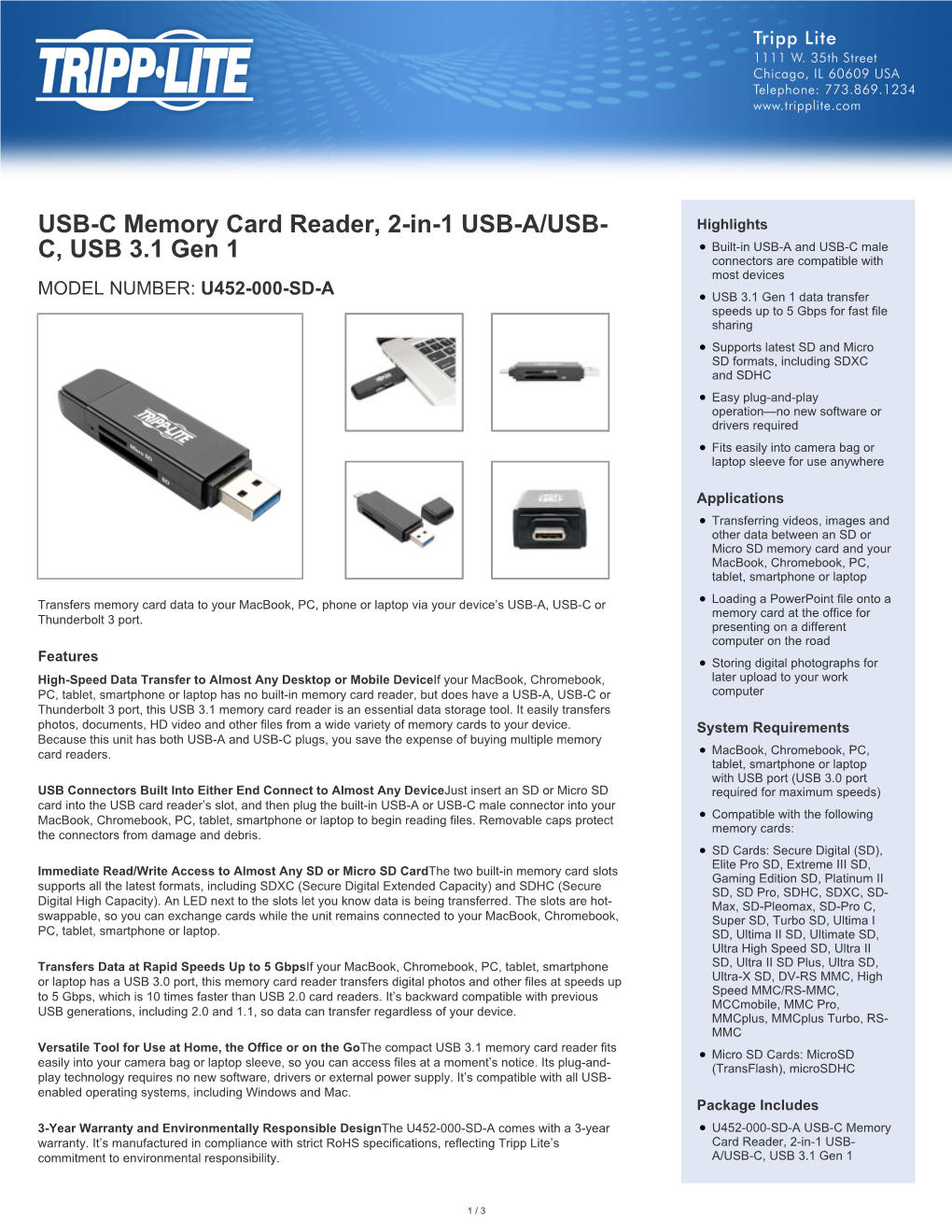 USB-C Memory Card Reader, 2-In-1 USB-A/USB