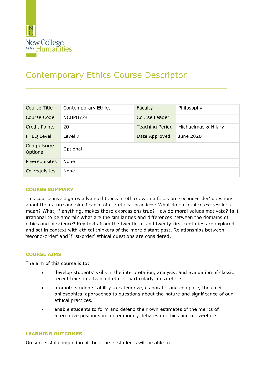 Nchph724 Contemporary Ethics Course Descriptor