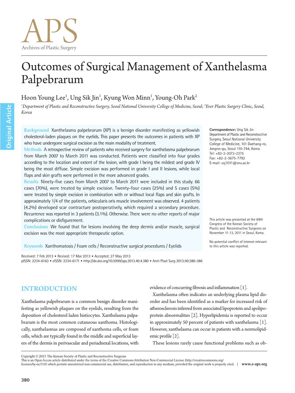 Outcomes of Surgical Management of Xanthelasma Palpebrarum