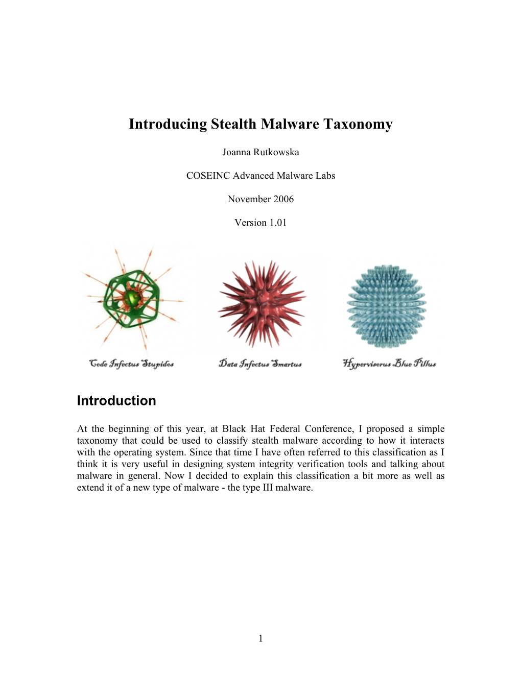 Introducing Stealth Malware Taxonomy