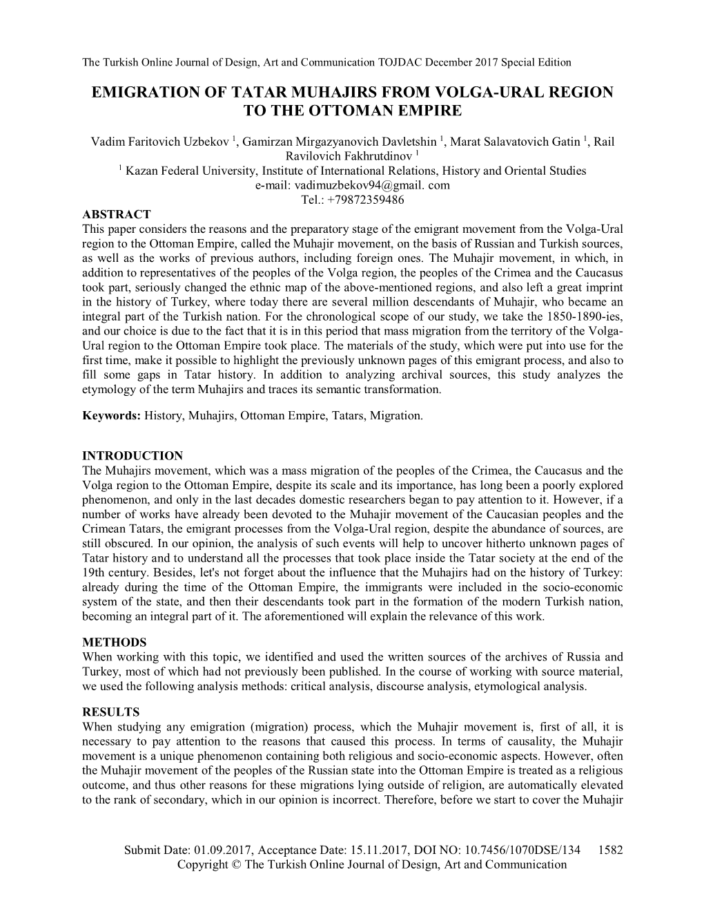 Emigration of Tatar Muhajirs from Volga-Ural Region to the Ottoman Empire