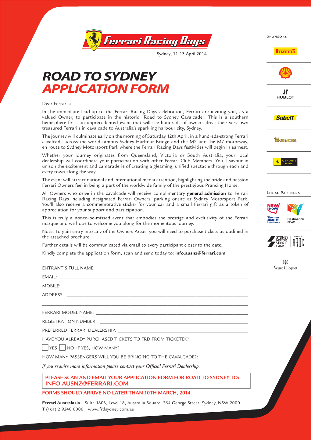 Road to Sydney Application Form