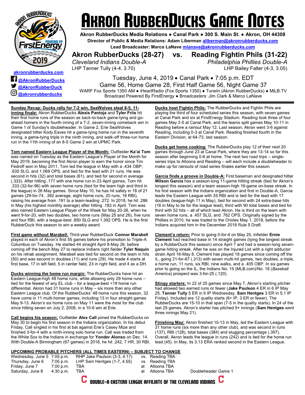 AKRON RUBBERDUCKS GAME NOTES Akron Rubberducks Media Relations ● Canal Park ● 300 S