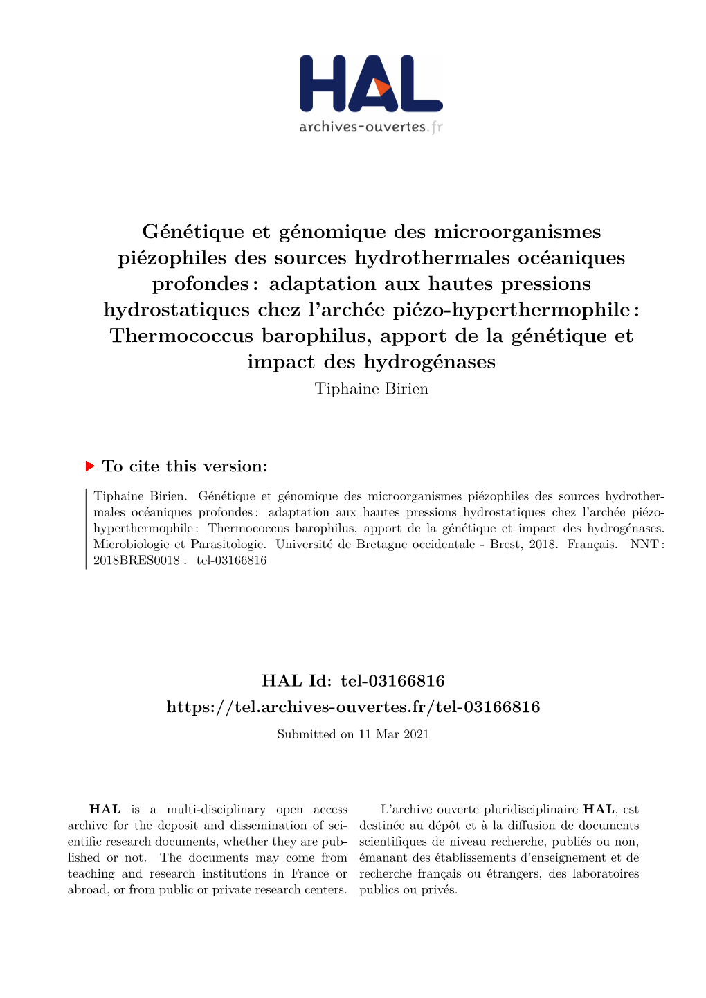 Génétique Et Génomique Des Microorganismes Piézophiles Des