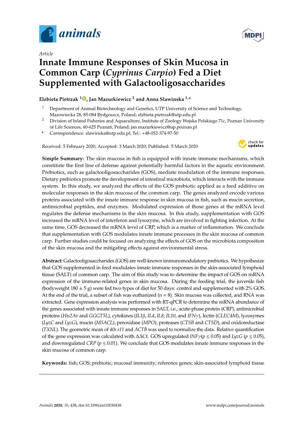 Innate Immune Responses of Skin Mucosa in Common Carp (Cyprinus Carpio) Fed a Diet Supplemented with Galactooligosaccharides