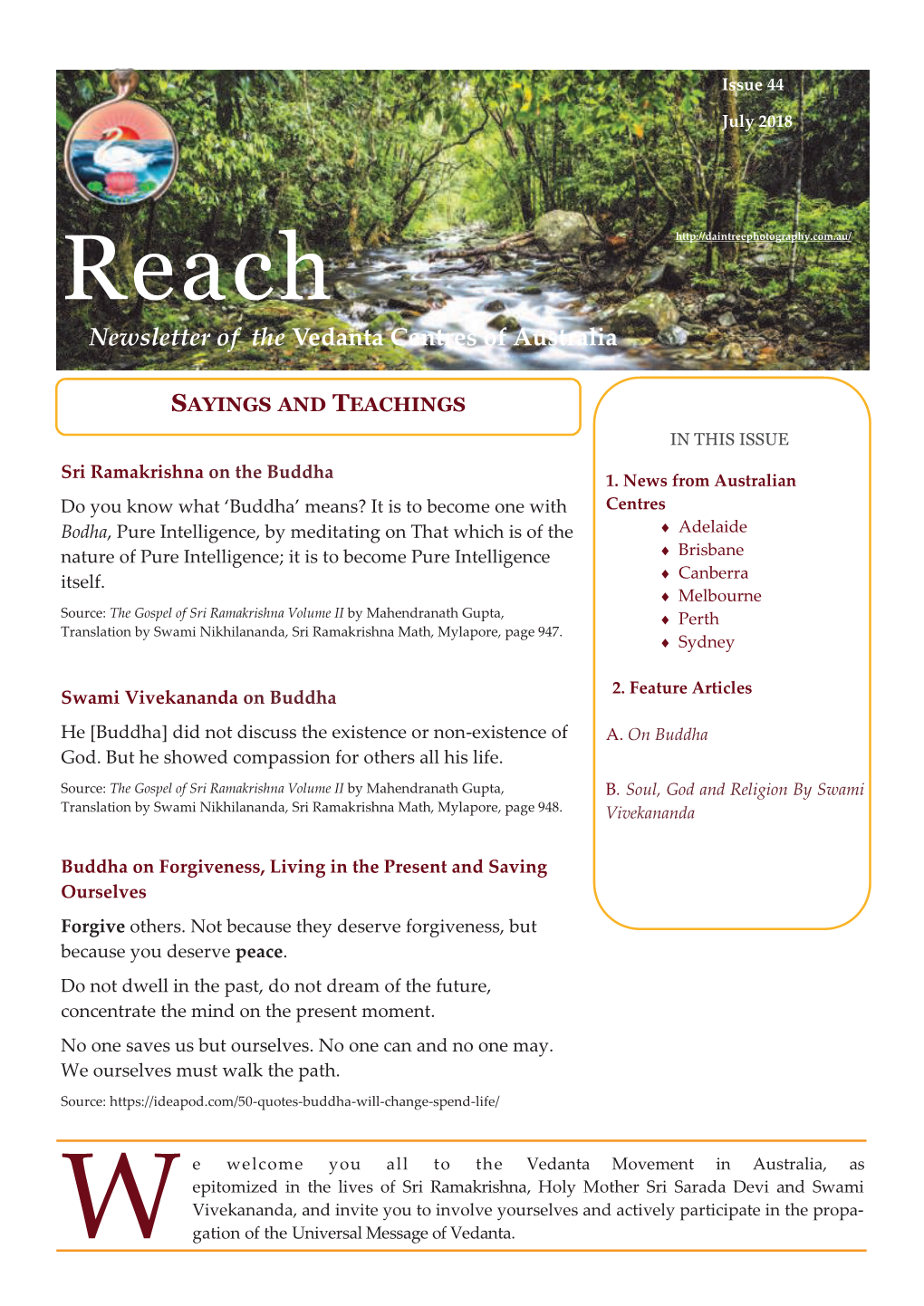 Newsletter of the Vedanta Centres of Australia