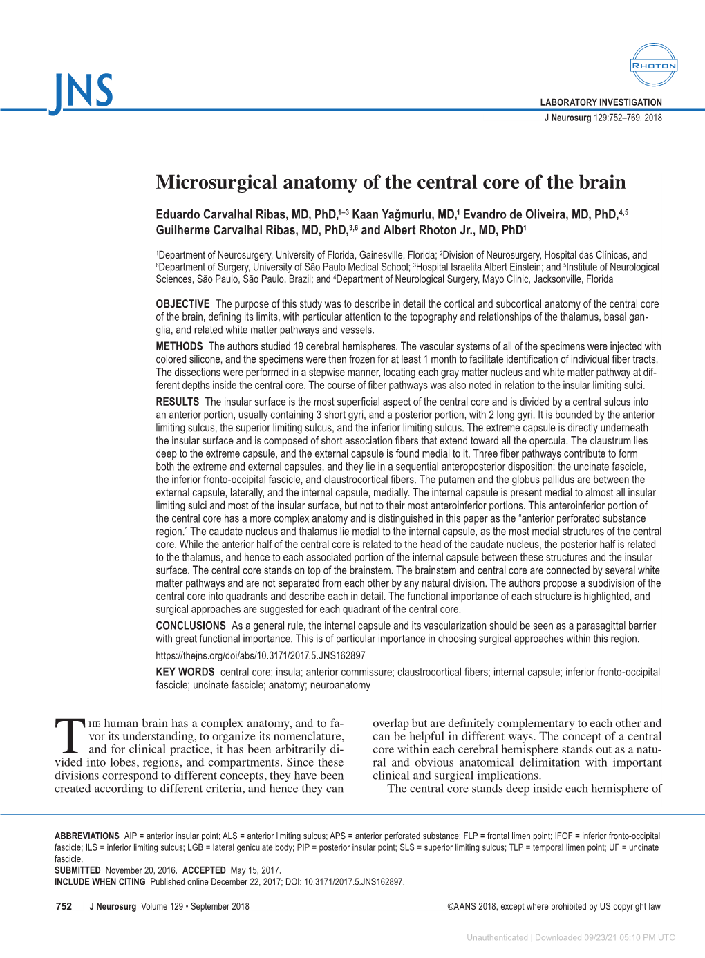 Microsurgical Anatomy of the Central Core of the Brain