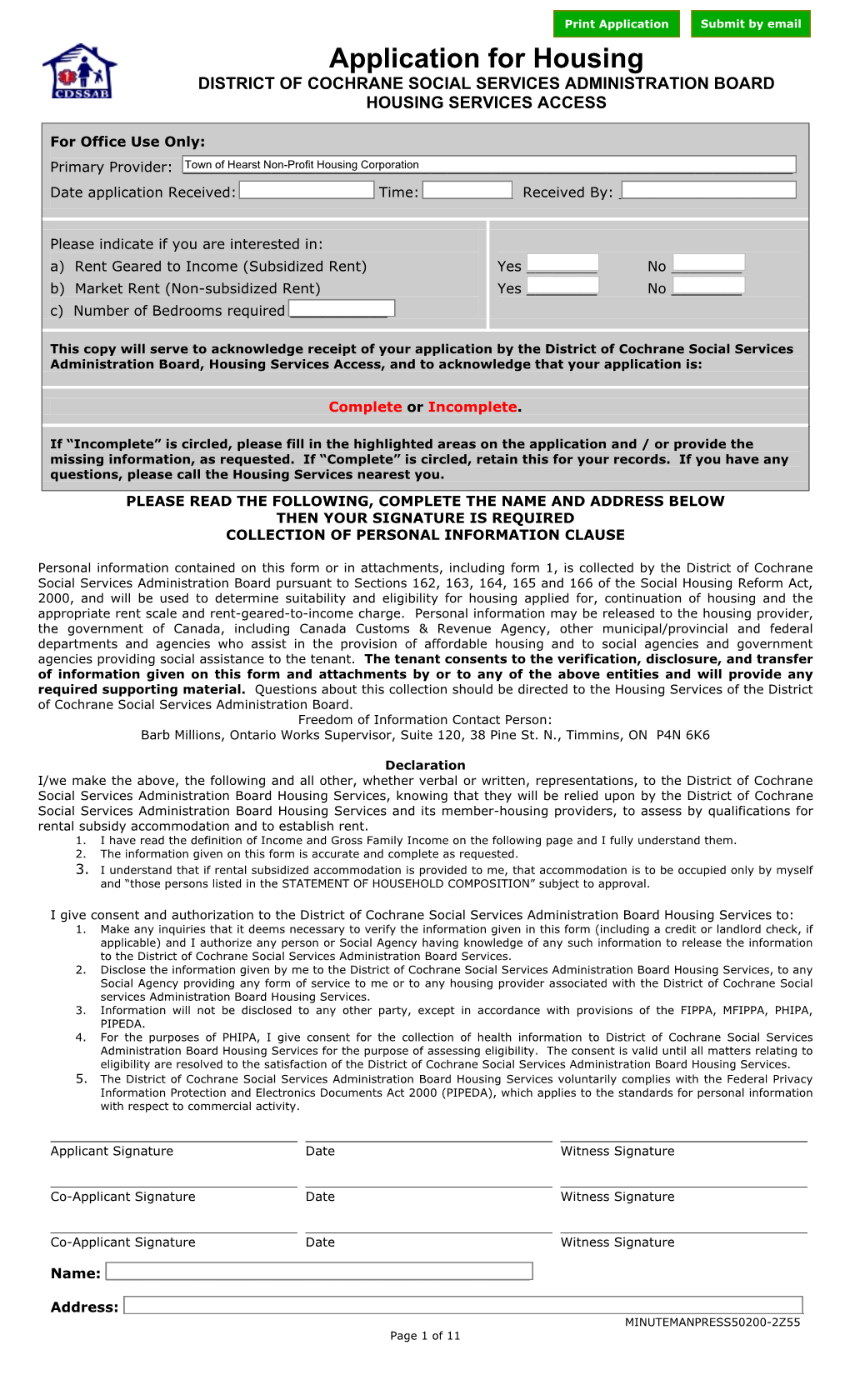 Application for Housing DISTRICT of COCHRANE SOCIAL SERVICES ADMINISTRATION BOARD HOUSING SERVICES ACCESS