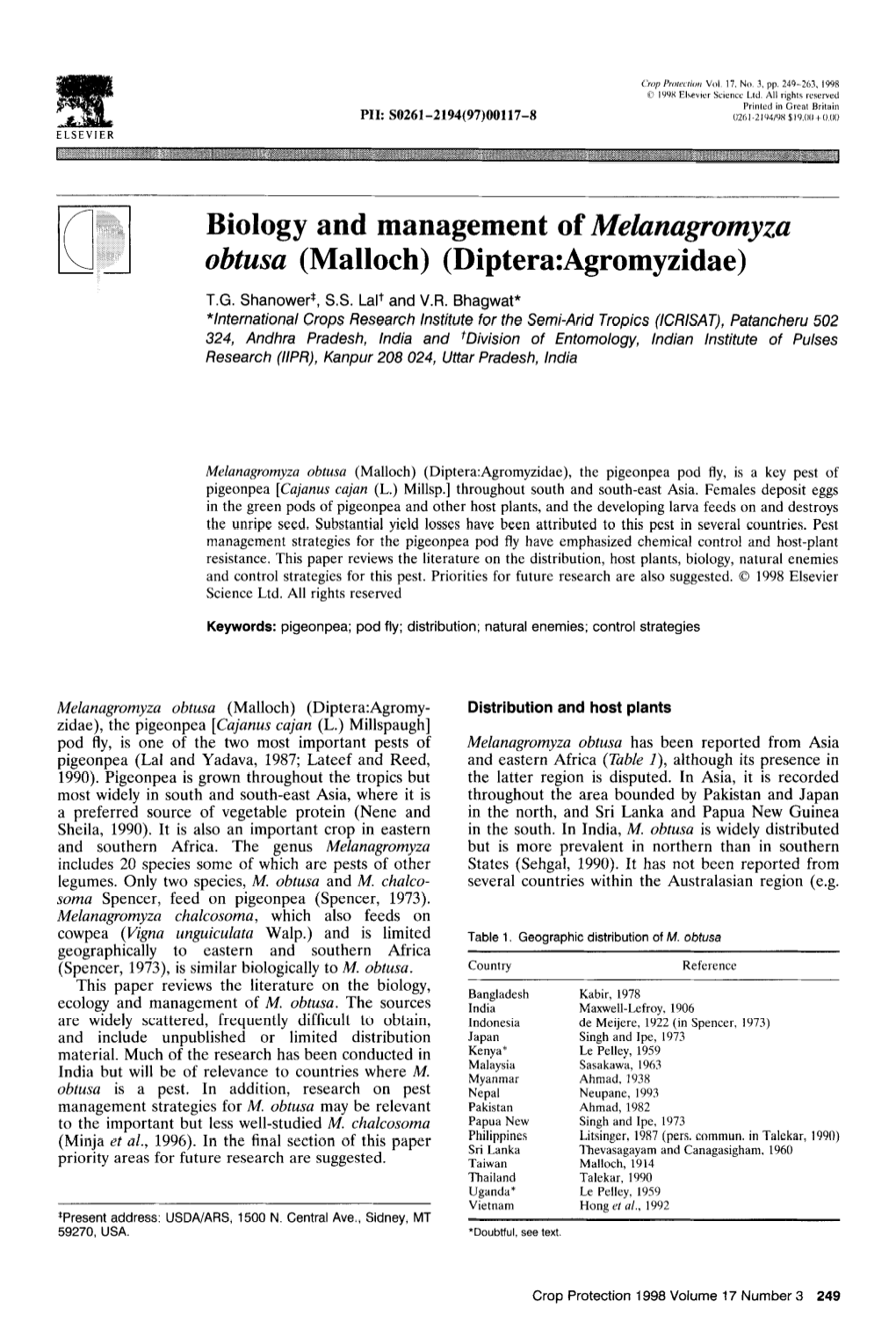 Biology and Management of Melanagromyza Obtusa (Malloch) (Diptera:Agromyzidae)