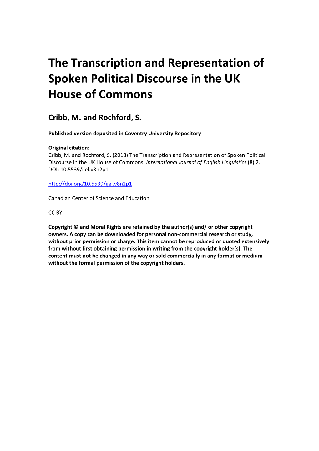 The Transcription and Representation of Spoken Political Discourse in the UK House of Commons