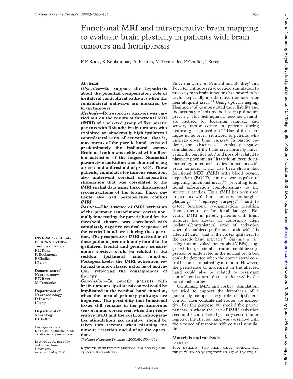 Functional MRI and Intraoperative Brain Mapping to Evaluate Brain Plasticity in Patients with Brain Tumours and Hemiparesis