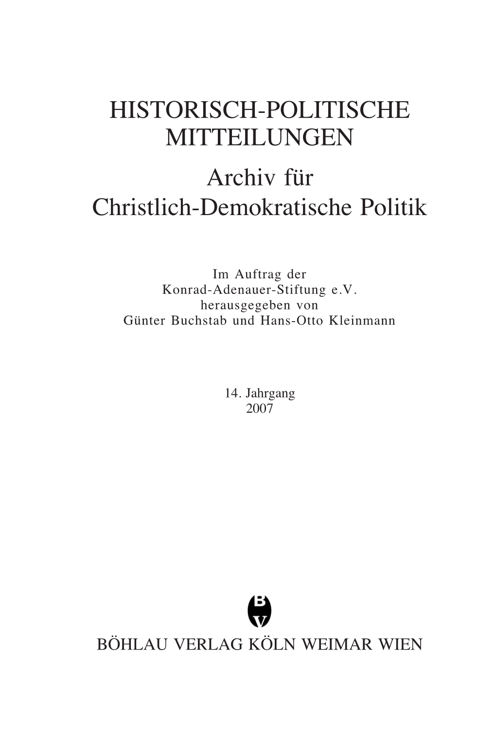 HISTORISCH-POLITISCHE MITTEILUNGEN Archiv Für Christlich-Demokratische Politik