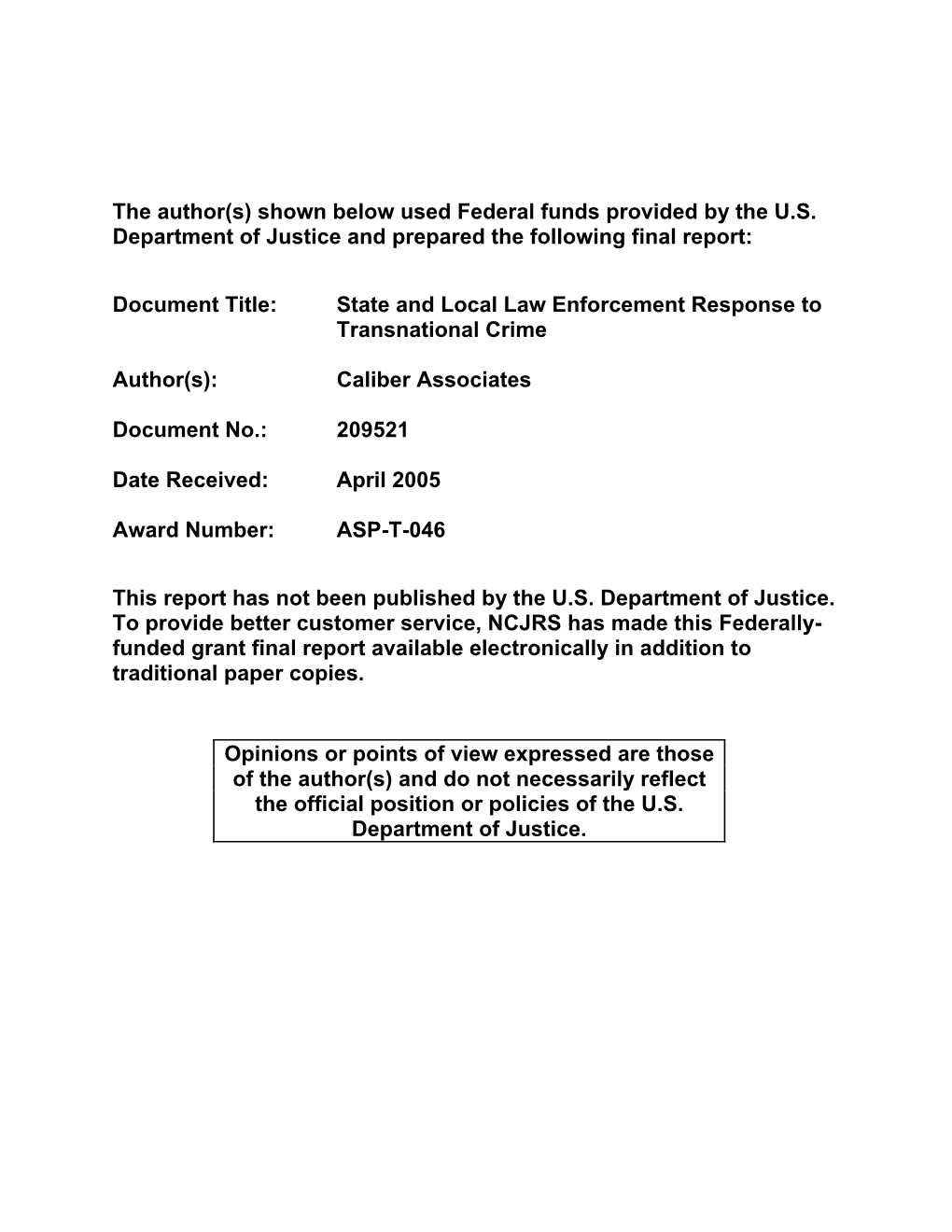 State and Local Law Enforcement Response to Transnational Crime