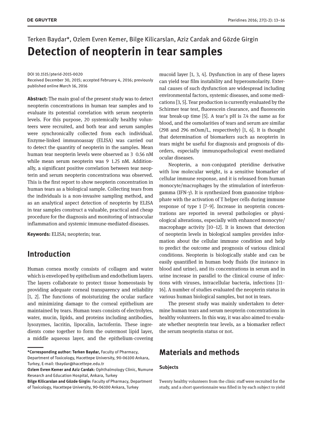 Detection of Neopterin in Tear Samples