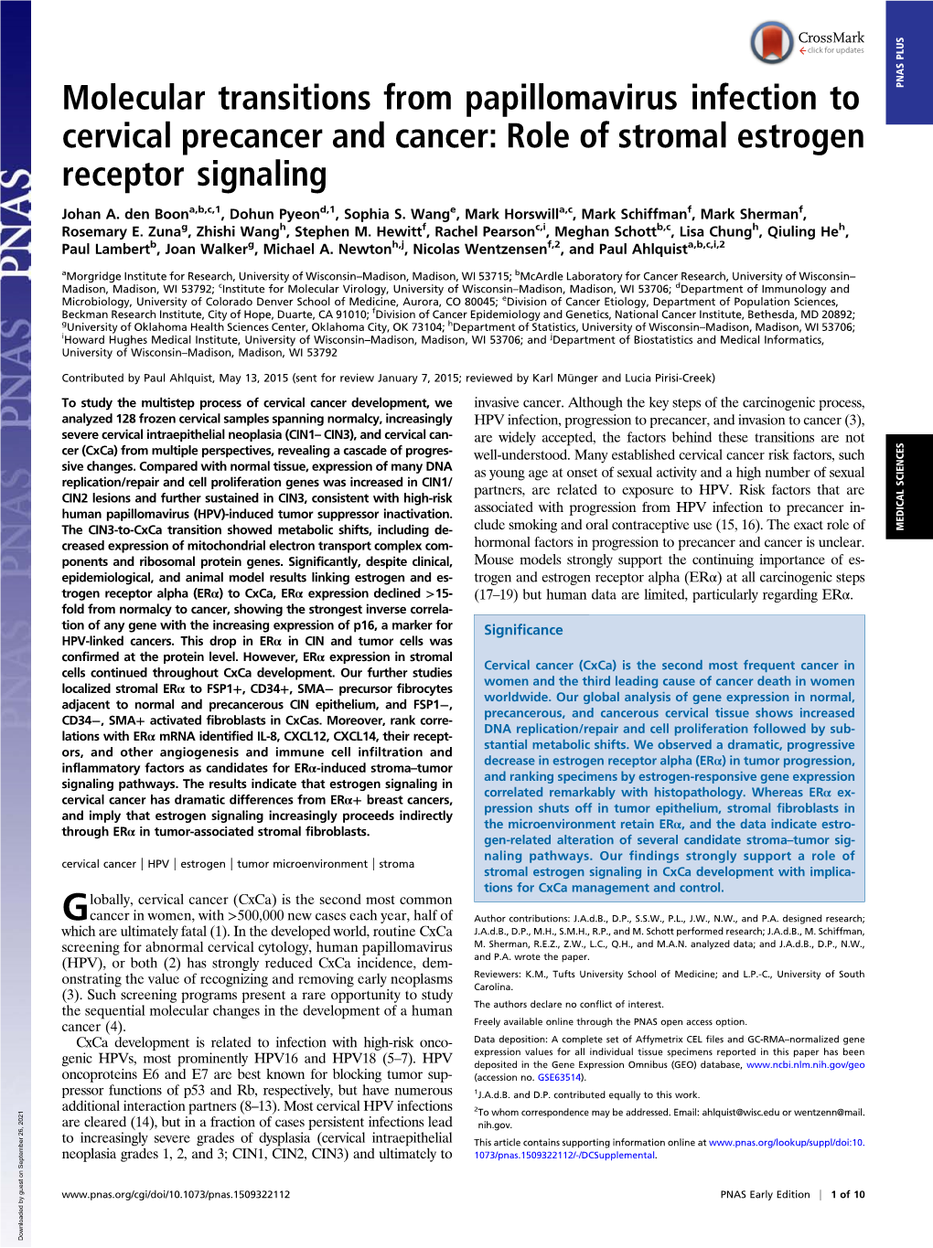 Molecular Transitions from Papillomavirus Infection to Cervical