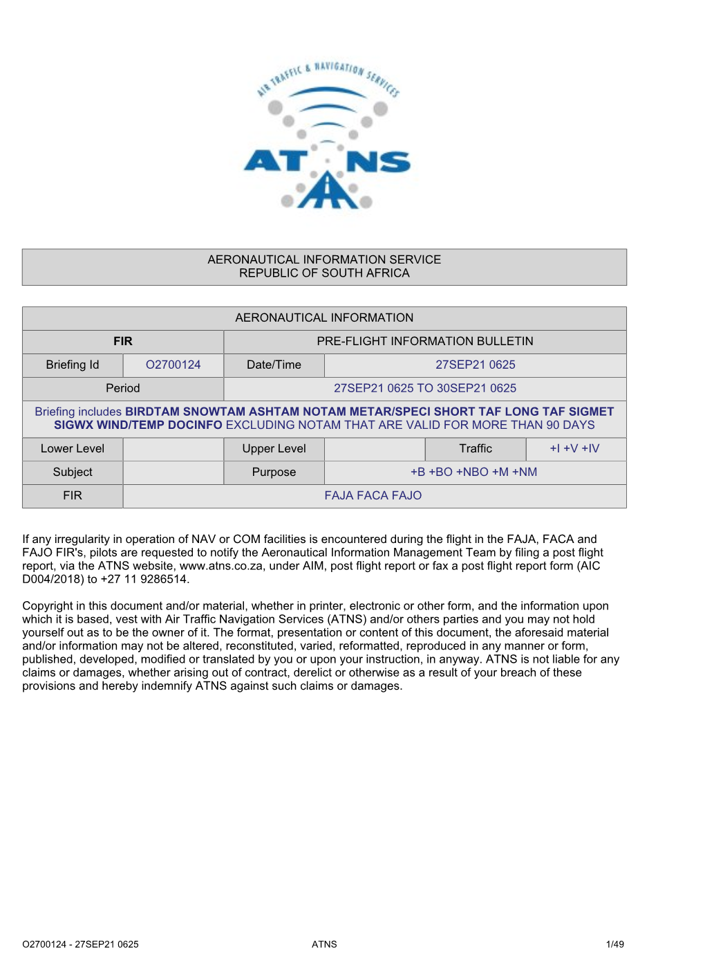 Aeronautical Information Service Republic of South Africa