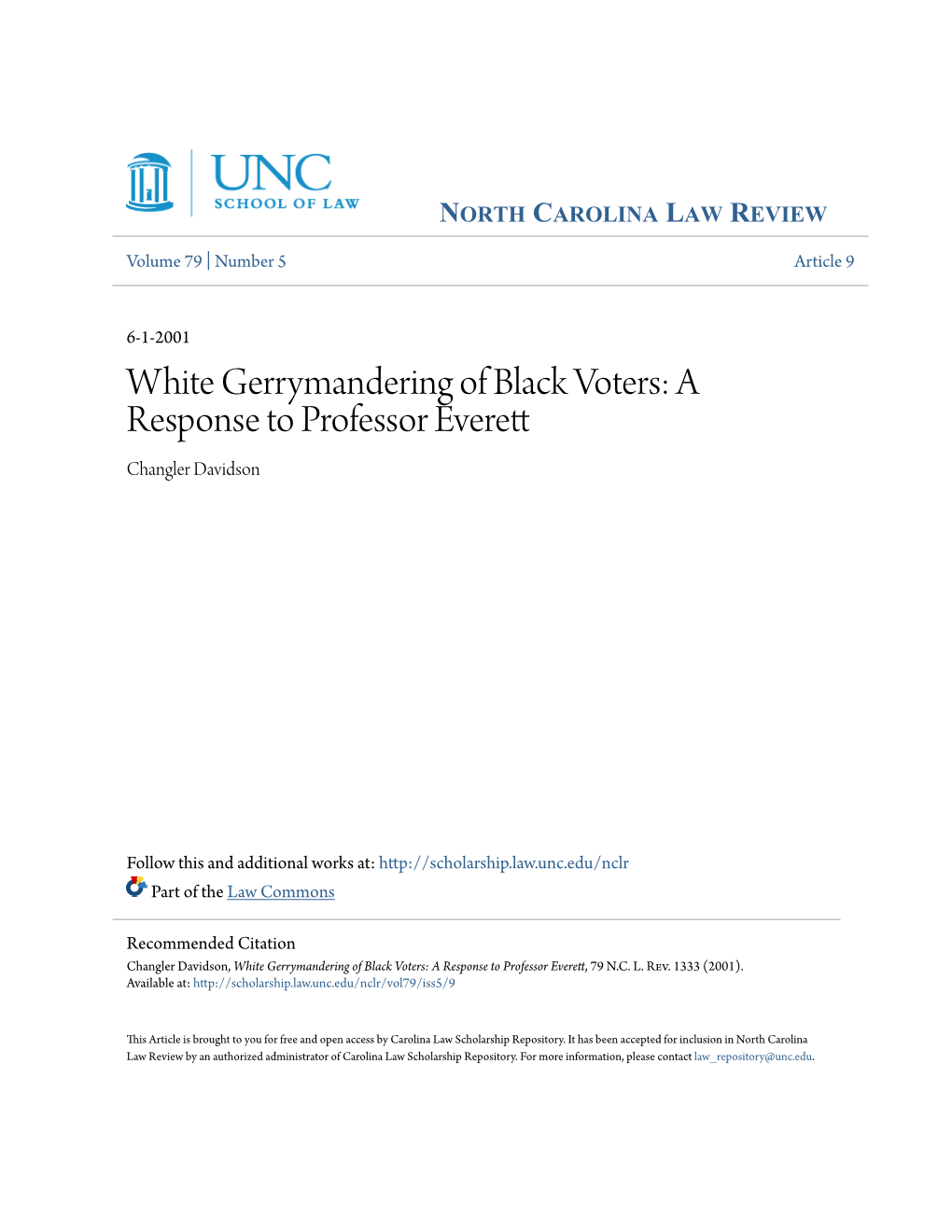White Gerrymandering of Black Voters: a Response to Professor Everett Changler Davidson