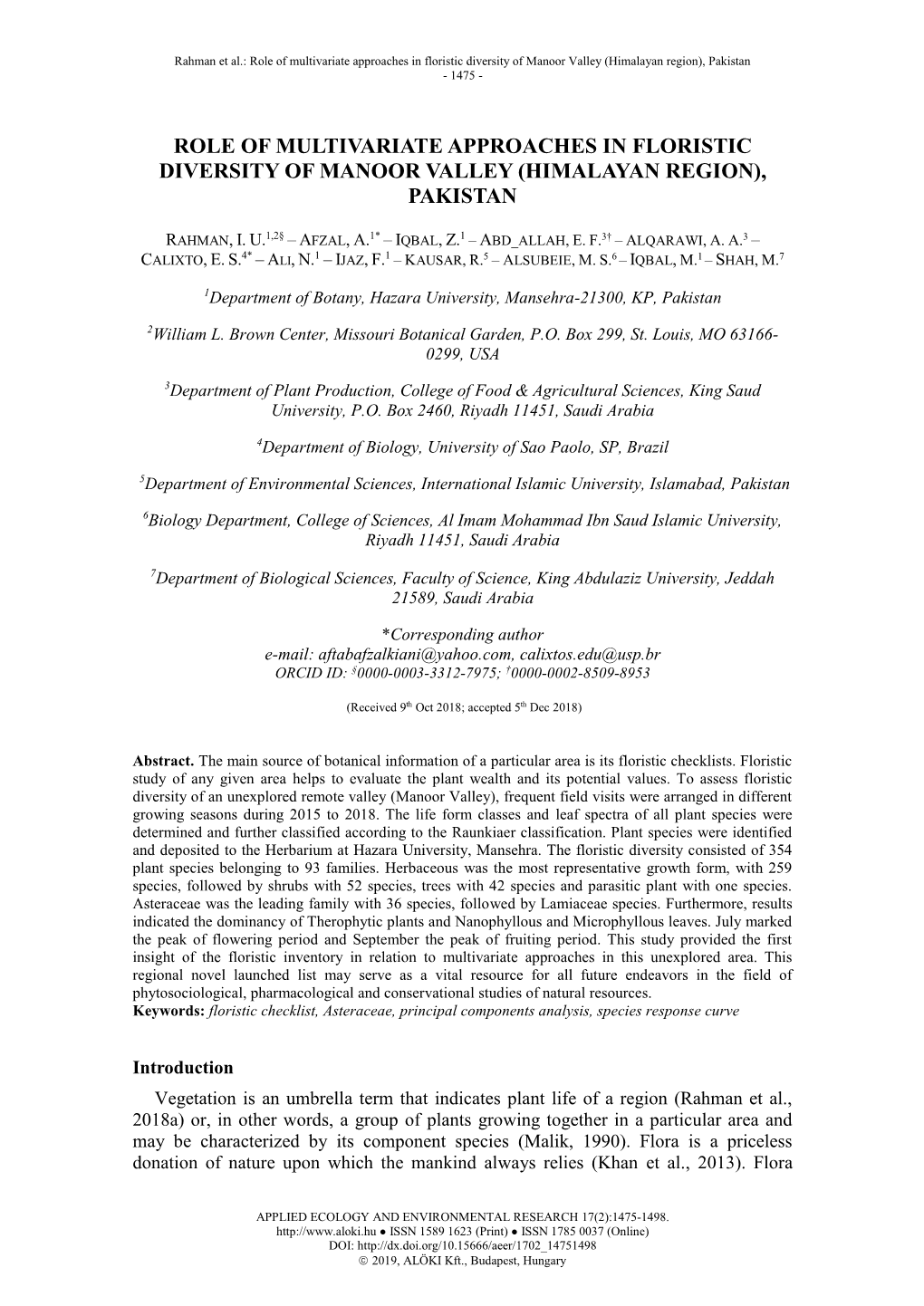 Role of Multivariate Approaches in Floristic Diversity of Manoor Valley (Himalayan Region), Pakistan - 1475