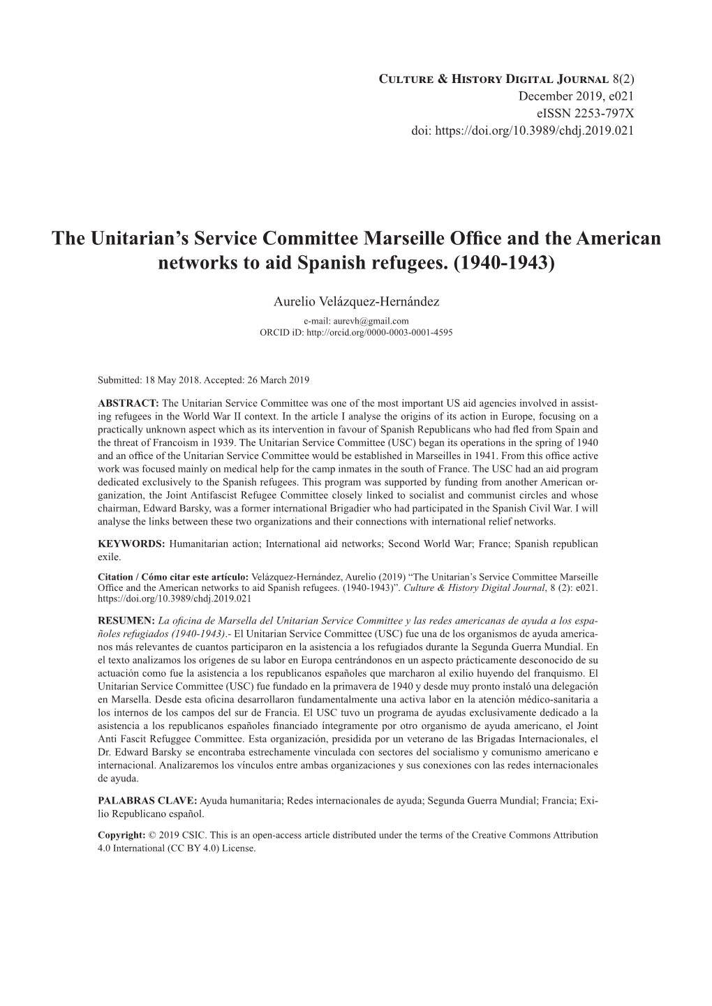 The Unitarian's Service Committee Marseille Office and the American Networks to Aid Spanish Refugees