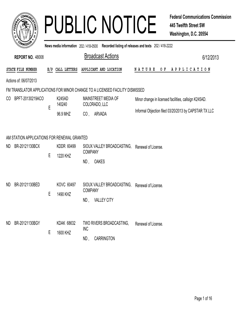 Broadcast Actions 6/12/2013