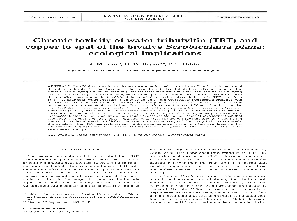 TBT) and Copper to Spat of the Bivalve Scrobicularia Plana: Ecological Implications