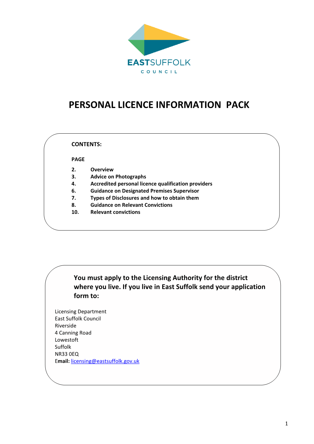 Personal Licence Information Pack