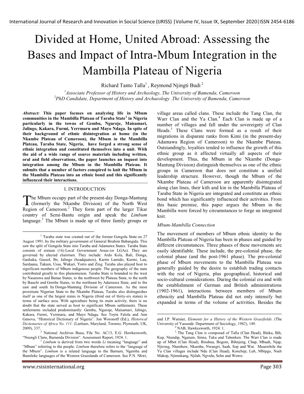 Divided at Home, United Abroad: Assessing the Bases and Impact of Intra-Mbum Integration in the Mambilla Plateau of Nigeria