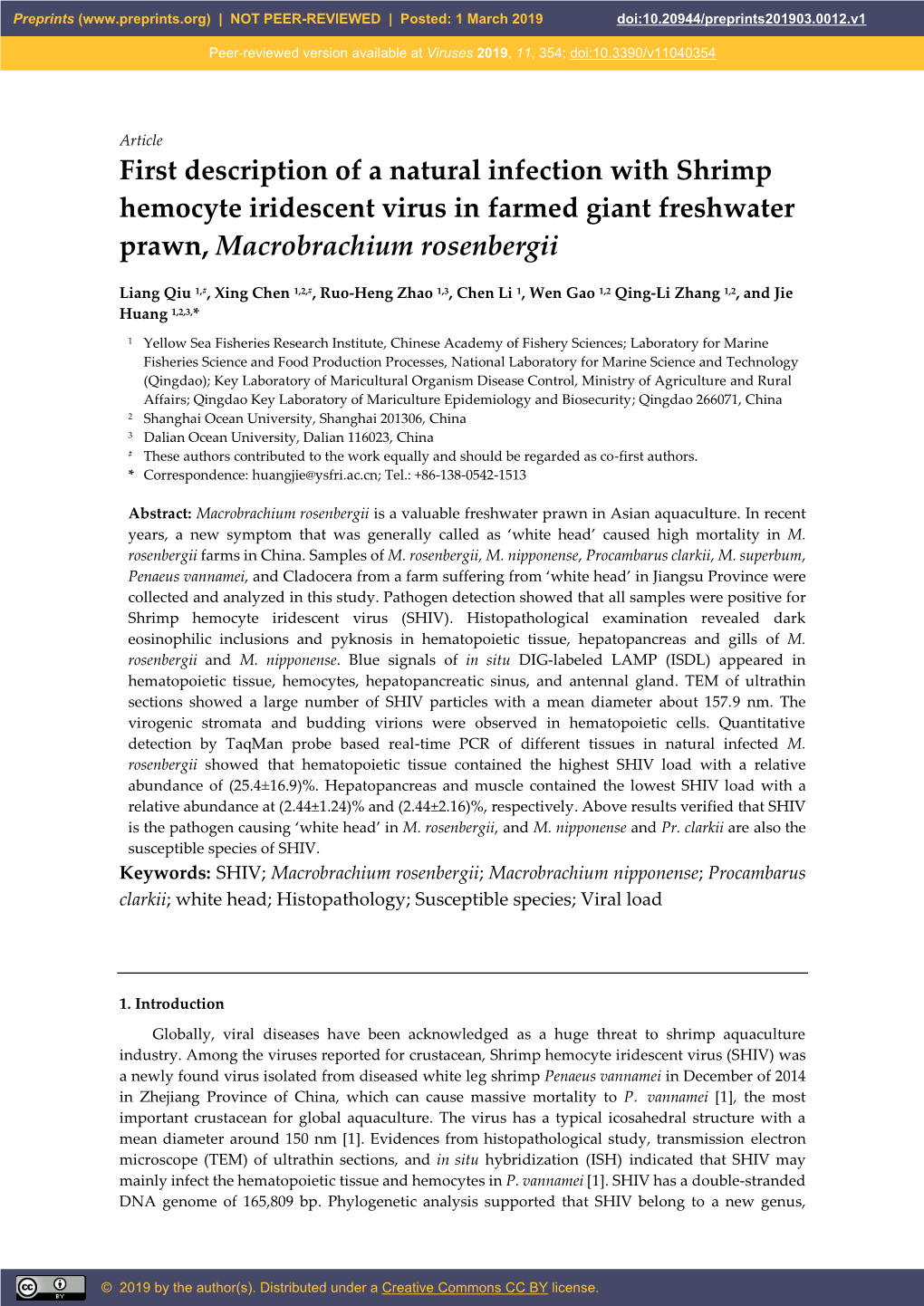 First Description of a Natural Infection with Shrimp Hemocyte Iridescent Virus in Farmed Giant Freshwater Prawn, Macrobrachium Rosenbergii