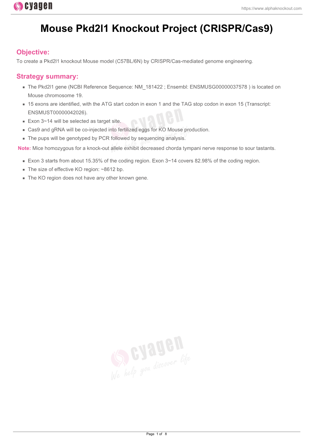 Mouse Pkd2l1 Knockout Project (CRISPR/Cas9)