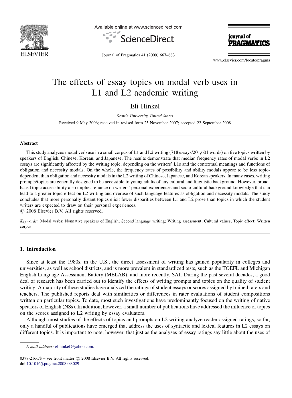 The Effects of Essay Topics on Modal Verb Uses in L1 and L2 Academic