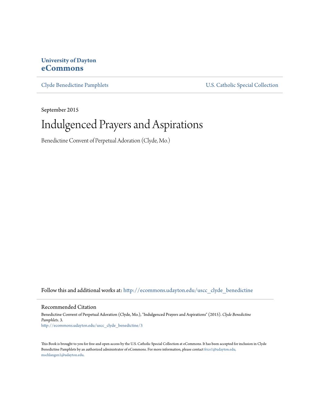 Indulgenced Prayers and Aspirations Benedictine Convent of Perpetual Adoration (Clyde, Mo.)