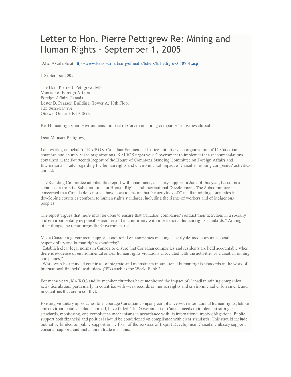 Letter to Hon. Pierre Pettigrew Re: Mining and Human Rights - September 1, 2005