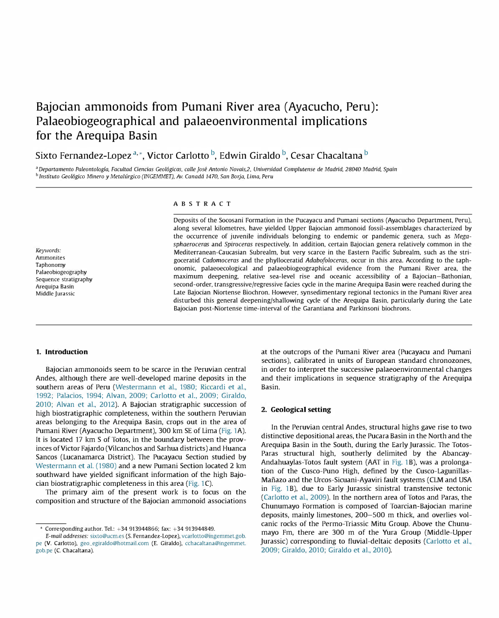 Bajocian Ammonoids from Pumani River Area (Ayacucho, Peru): Palaeobiogeographical and Palaeoenvironmental Implications for the Arequipa Basin