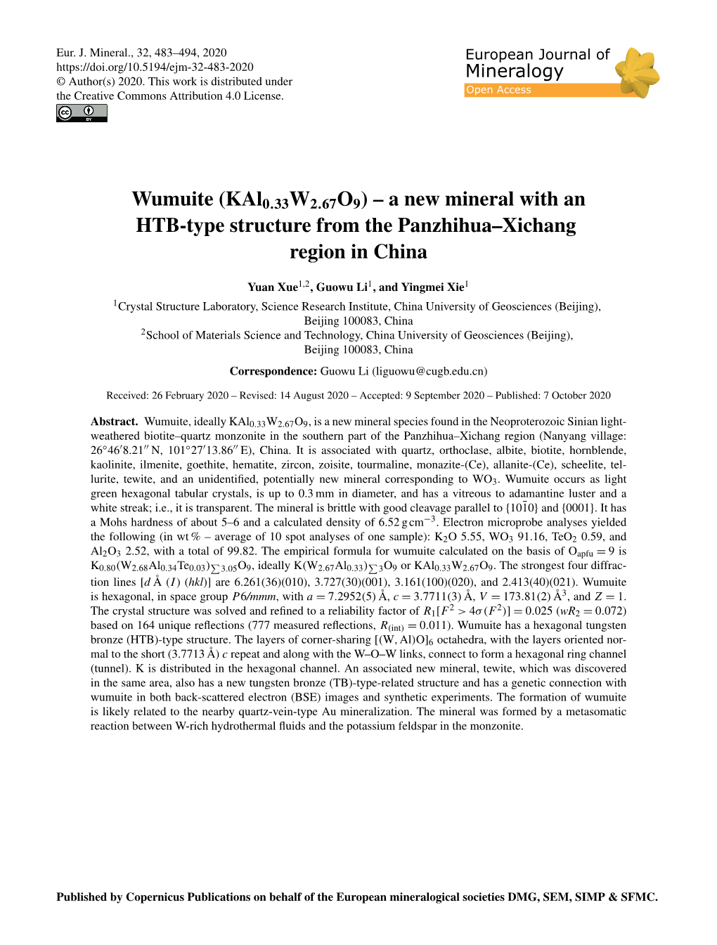 Wumuite (Kal0.33W2.67O9) – a New Mineral with an HTB-Type Structure from the Panzhihua–Xichang Region in China