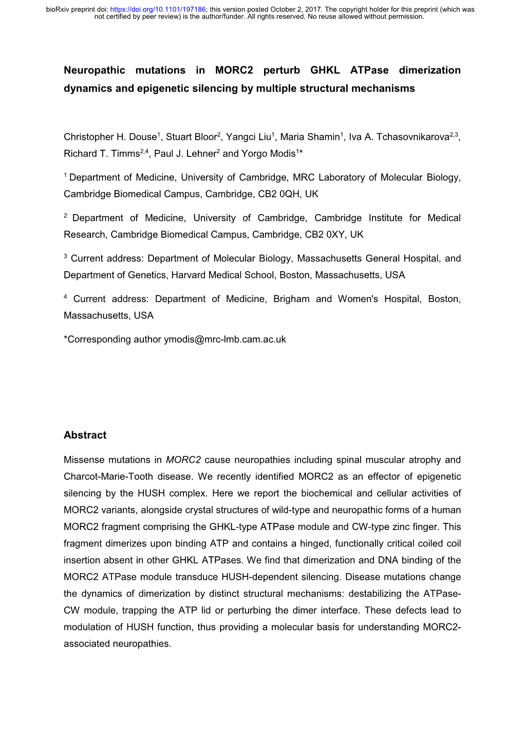 Neuropathic Mutations in MORC2 Perturb GHKL Atpase Dimerization Dynamics and Epigenetic Silencing by Multiple Structural Mechanisms