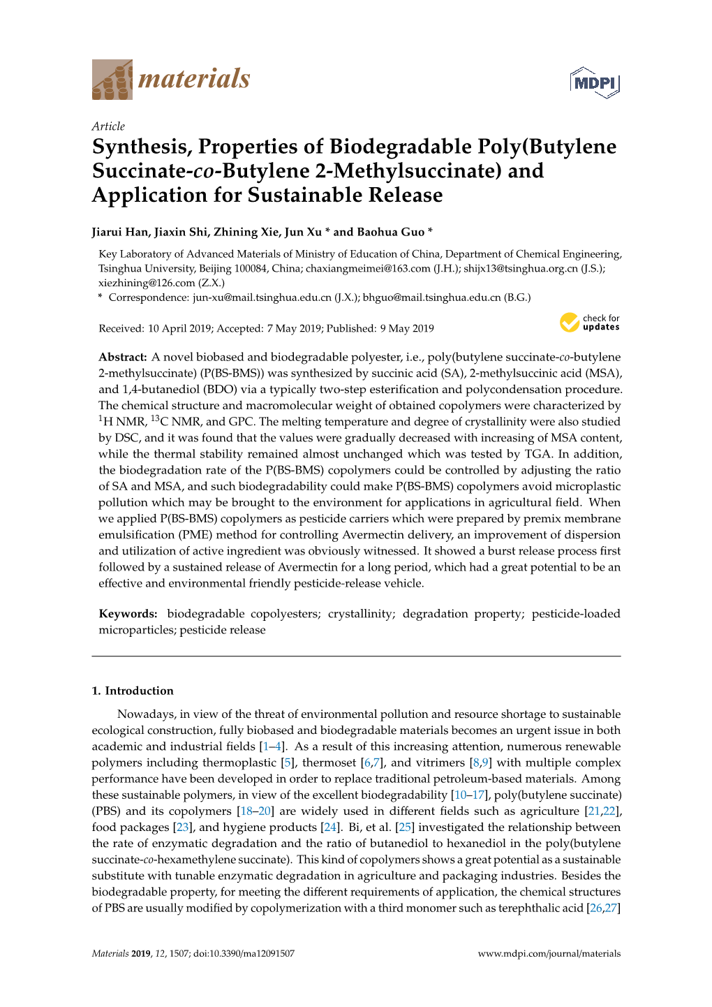 Synthesis, Properties of Biodegradable Poly(Butylene Succinate-Co-Butylene 2-Methylsuccinate) and Application for Sustainable Release