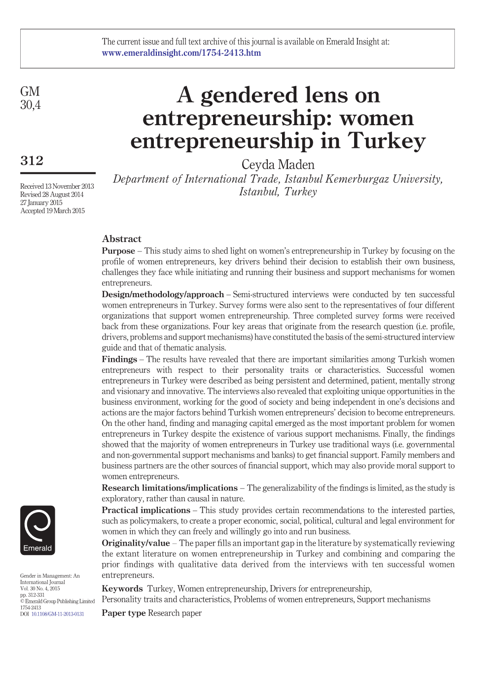 A Gendered Lens on Entrepreneurship: Women Entrepreneurship in Turkey
