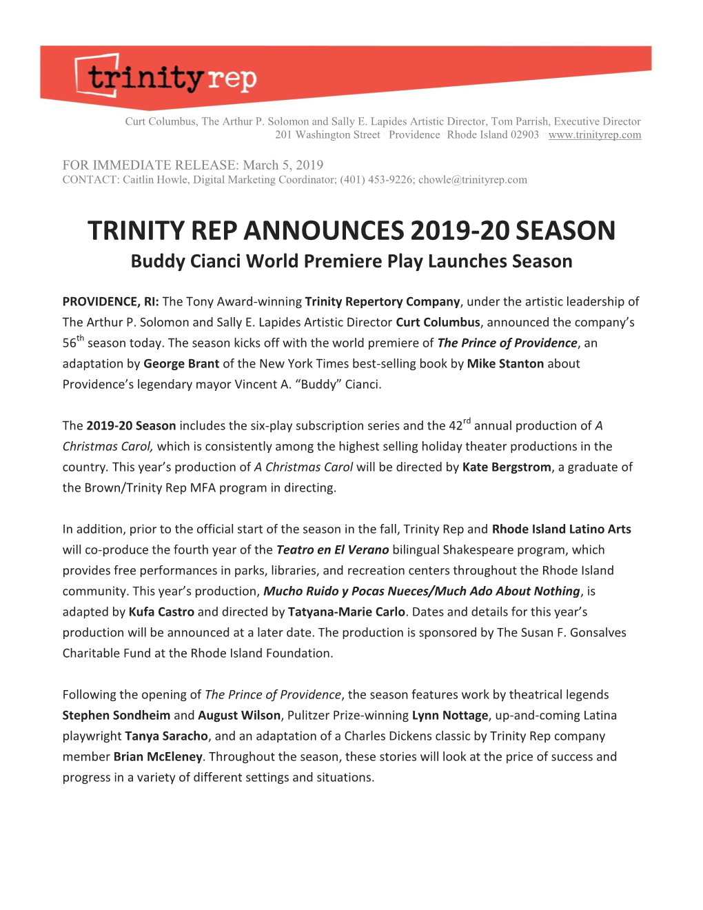 Press Release: Trinity Rep's 2019-20 Season