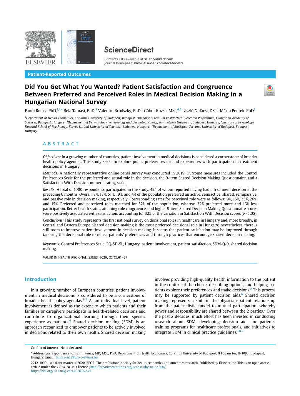 Patient Satisfaction and Congruence Between Preferred and Perceived Roles in Medical Decision Makin