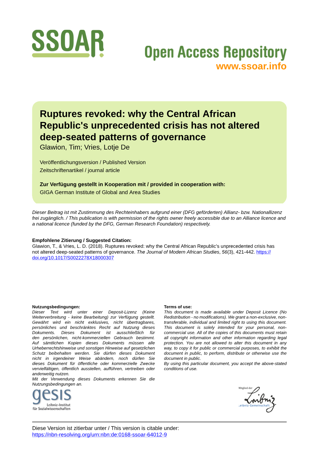 Ruptures Revoked: Why the Central African Republic's Unprecedented Crisis Has Not Altered Deep-Seated Patterns of Governance Glawion, Tim; Vries, Lotje De