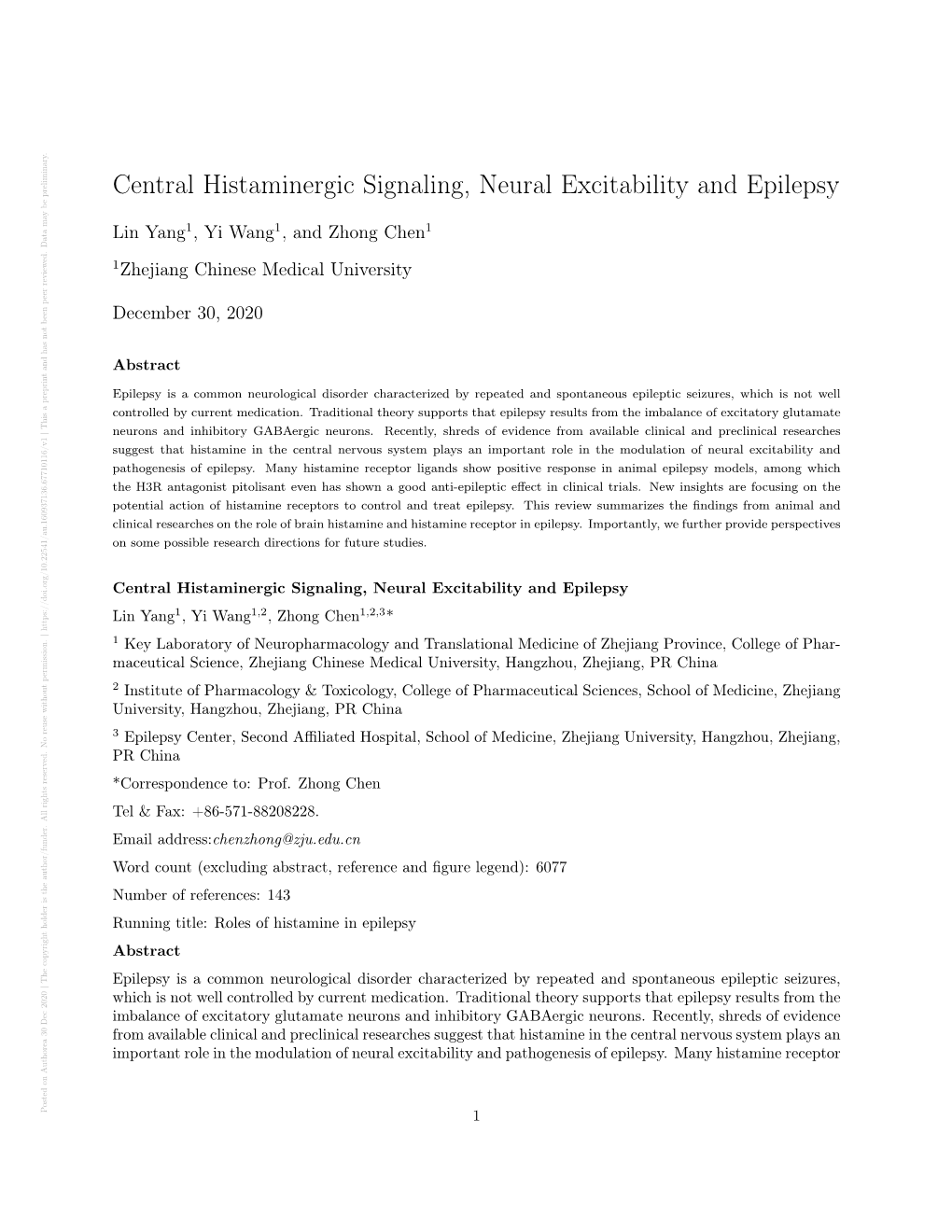 Central Histaminergic Signaling, Neural Excitability and Epilepsy