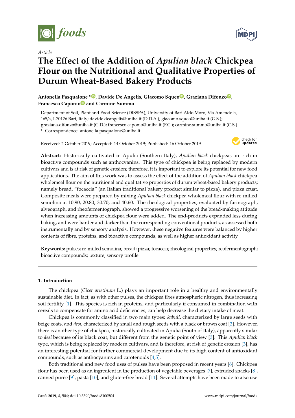 The Effect of the Addition of Apulian Black Chickpea Flour on the Nutritional and Qualitative Properties of Durum Wheat-Based Bakery Products