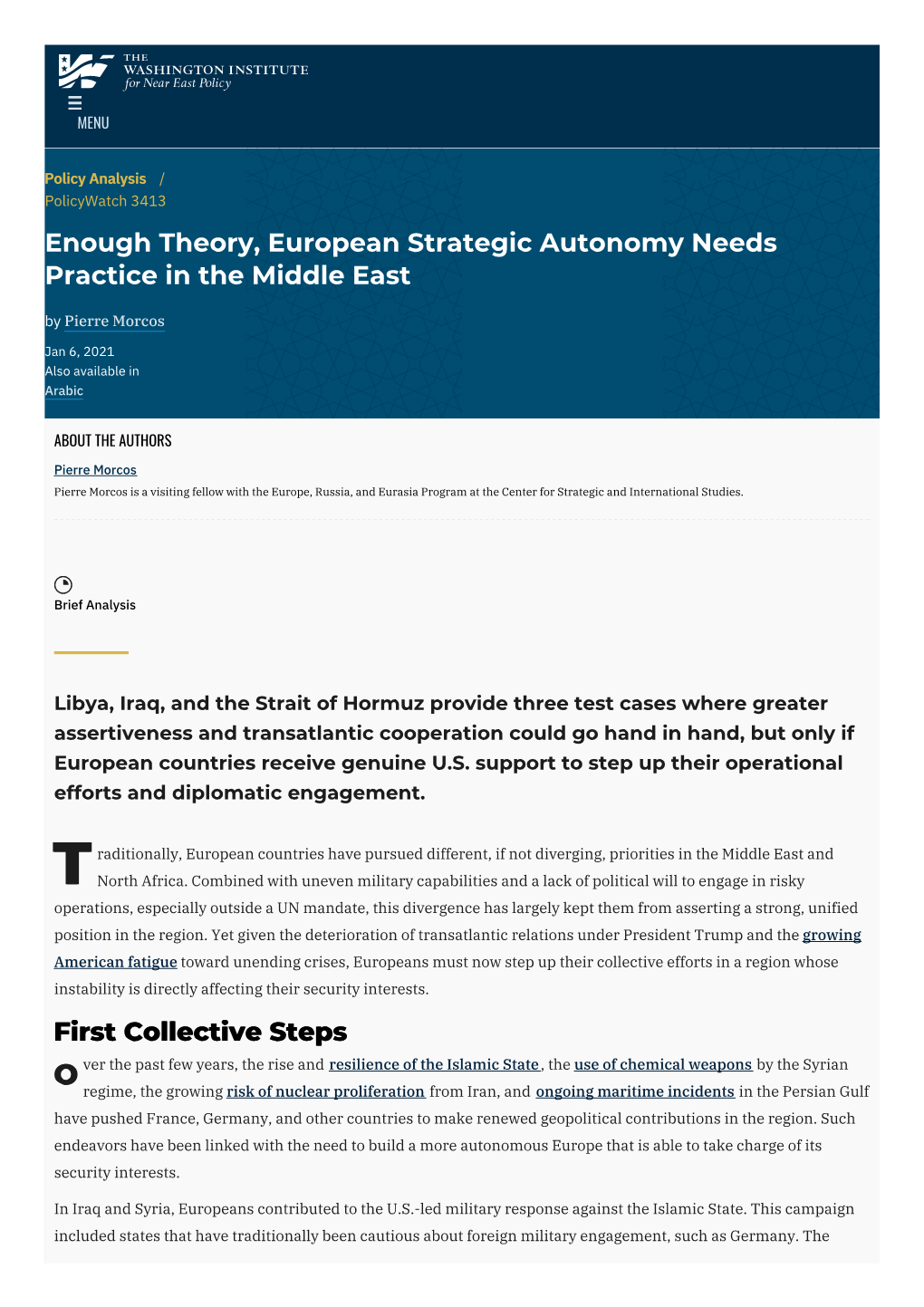 Enough Theory, European Strategic Autonomy Needs Practice in the Middle East by Pierre Morcos