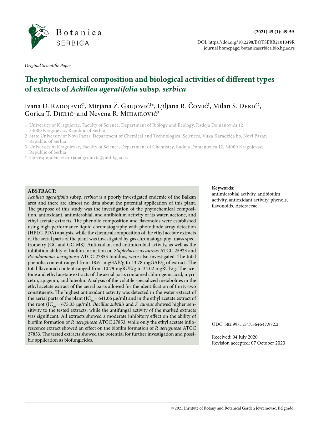 The Phytochemical Composition and Biological Activities of Different Types of Extracts of Achillea Ageratifolia Subsp