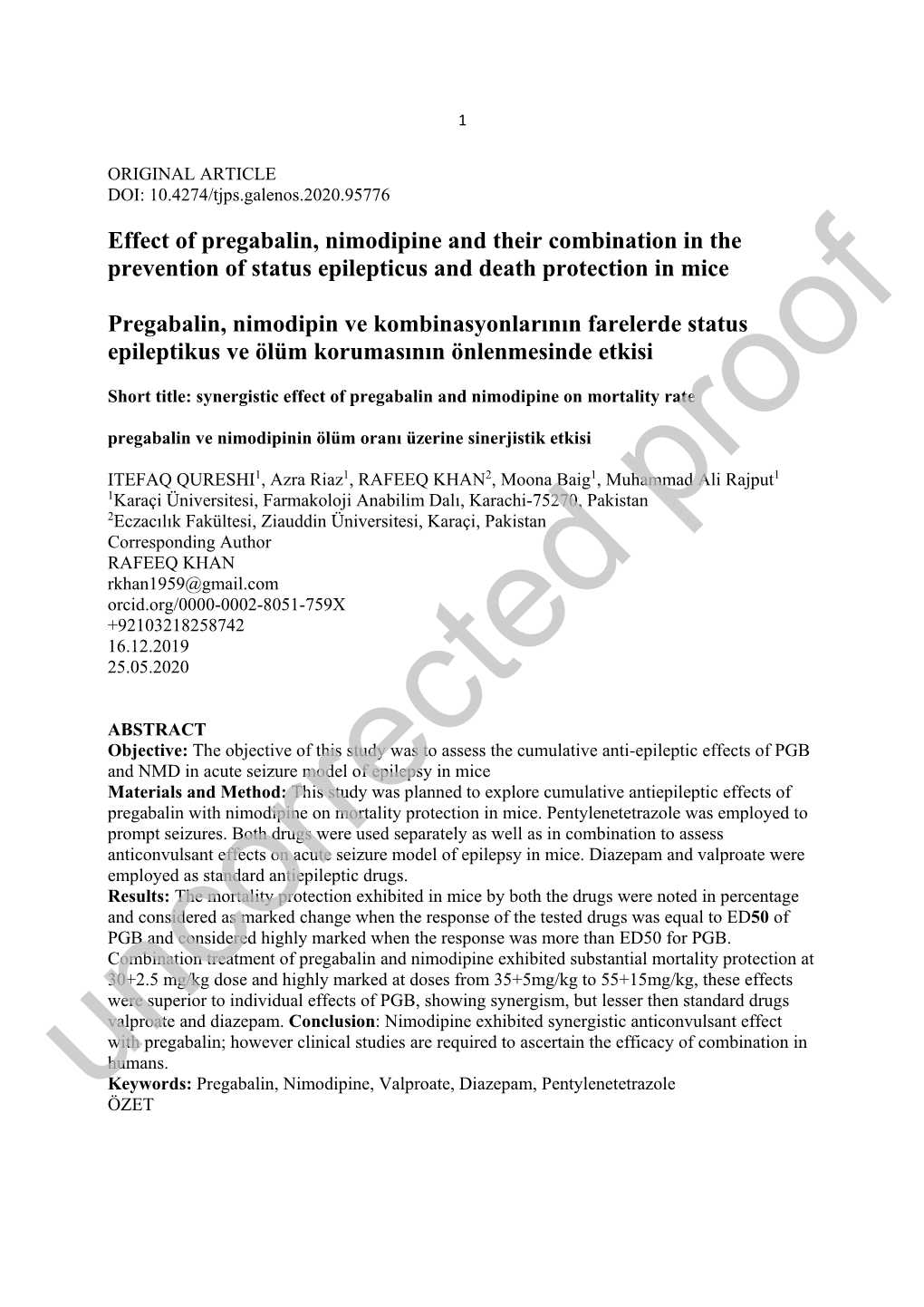 Effect of Pregabalin, Nimodipine and Their Combination in the Prevention of Status Epilepticus and Death Protection in Mice