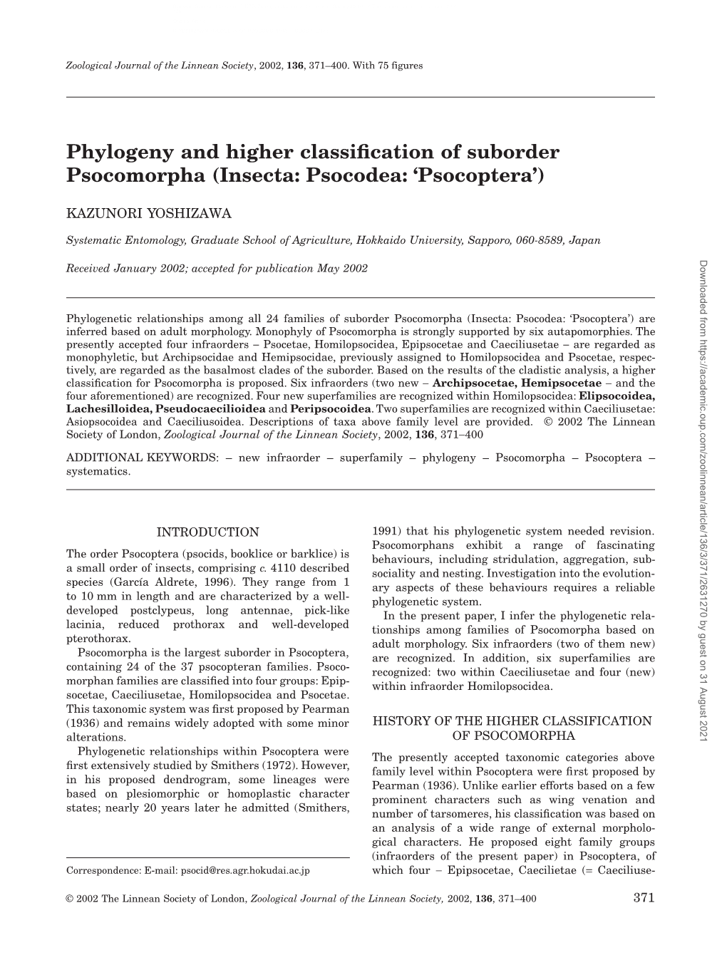 Phylogeny and Higher Classification of Suborder Psocomorpha