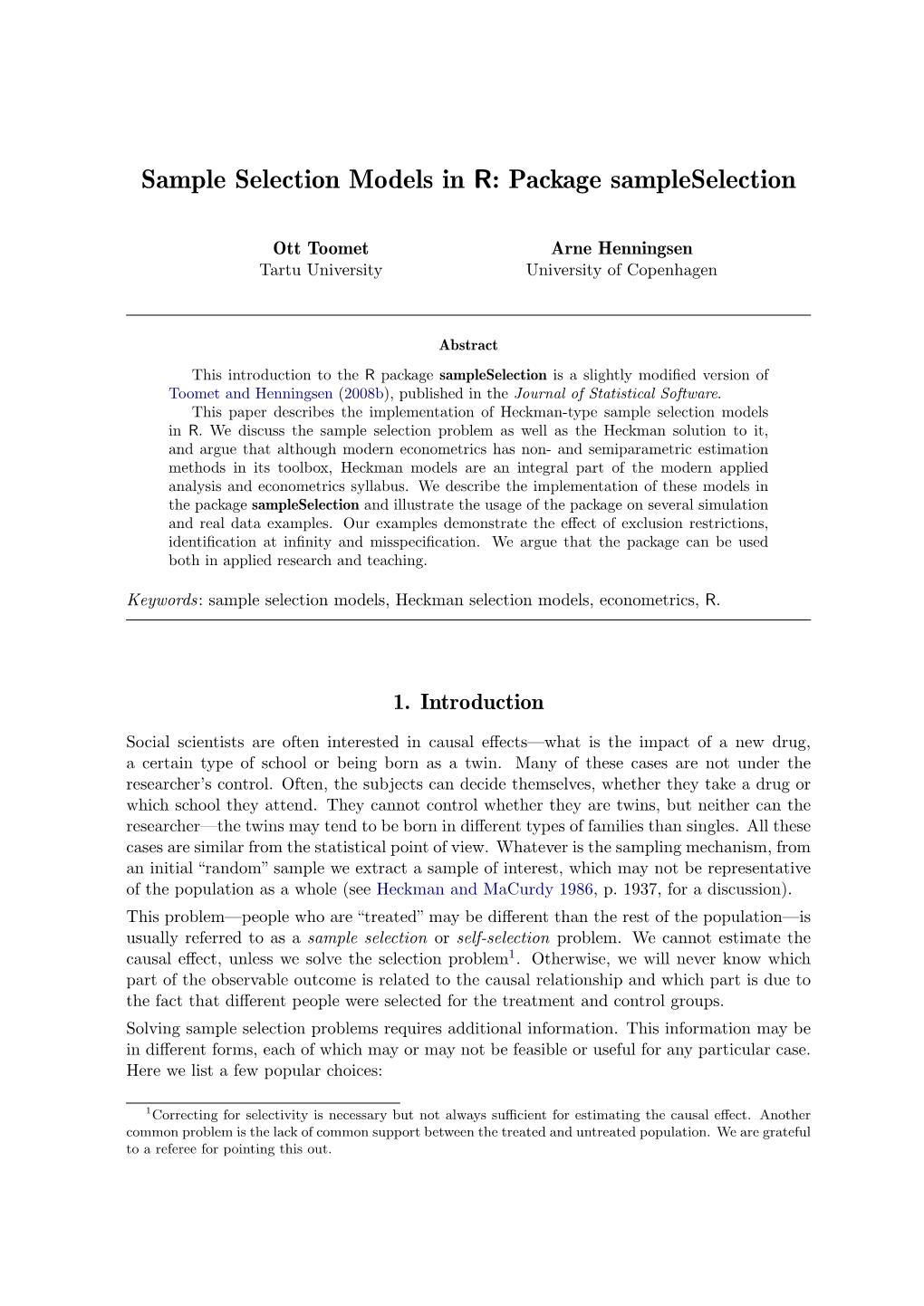 Sample Selection Models in R: Package Sampleselection