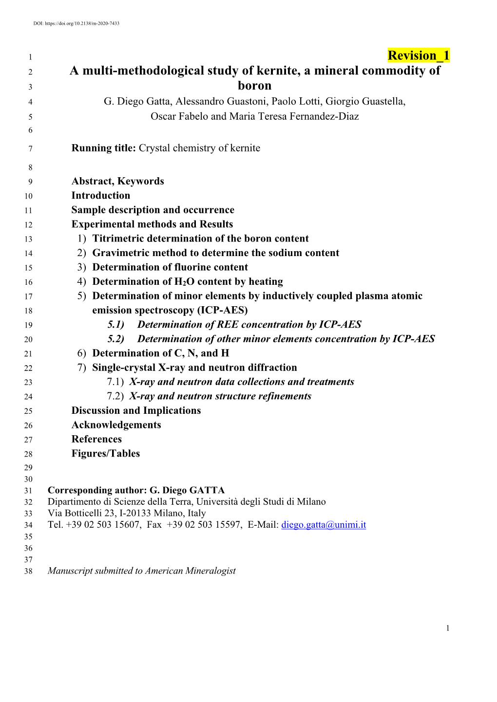 Revision 1 a Multi-Methodological Study of Kernite, a Mineral